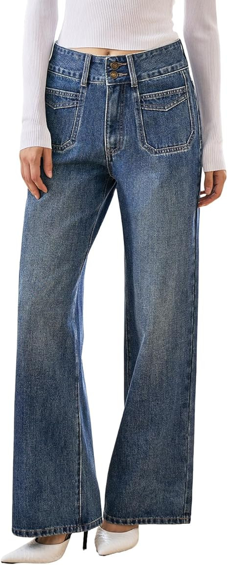 Women’s High Waisted Baggy Jeans – Stretchy Wide Leg Tummy Control Straight Leg Denim Pants T... | Amazon (US)