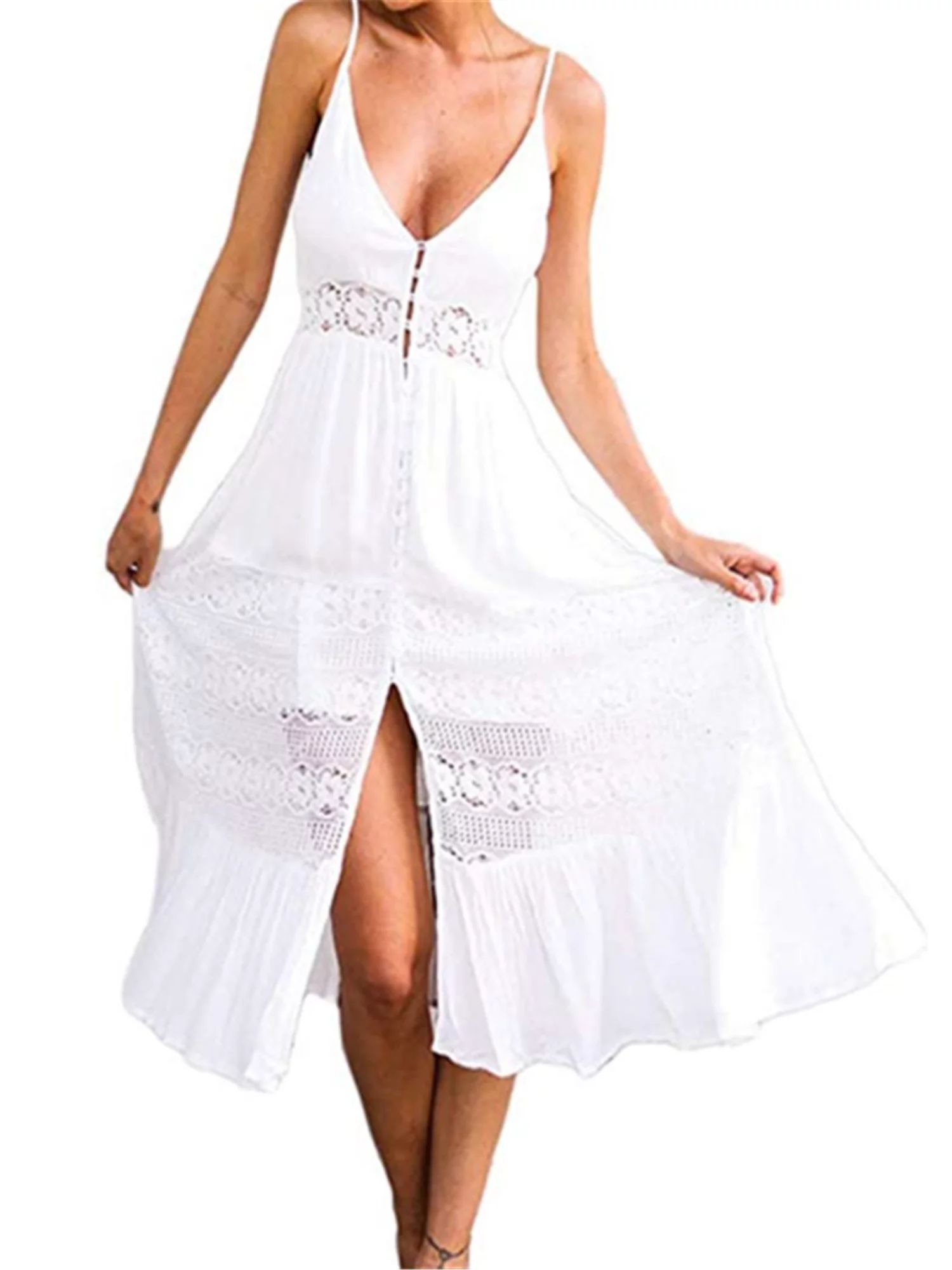 Suanret Women Boho Maxi Beach Dress White Floral Long Dress - Walmart.com | Walmart (US)