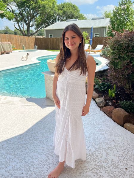 This is a summer staple for years to come, white eyelet, flowy and light material. Sized up to a small postpartum and it has a smocked back for stretch. 

Summer dress. Spring dress. Spring outfit. Summer outfit. White dress. Eyelet dress. Smocked back. Stretchy dress. Postpartum friendly.  Bump friendly. Misa Los Angeles. Ksenia dress. Feminine dress. Versatile maxi dress. Deep vneck. Open back. Dress with tie belt. Timeless dress. Classic spring dress. 
