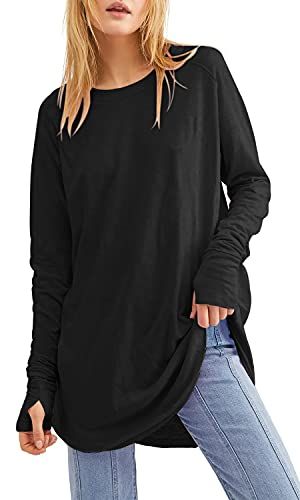 Fisoew Women's Casual Long Sleeve Tops Crew Neck Round Hem Loose T-Shirts Tunic Tops with Thumb H... | Amazon (US)