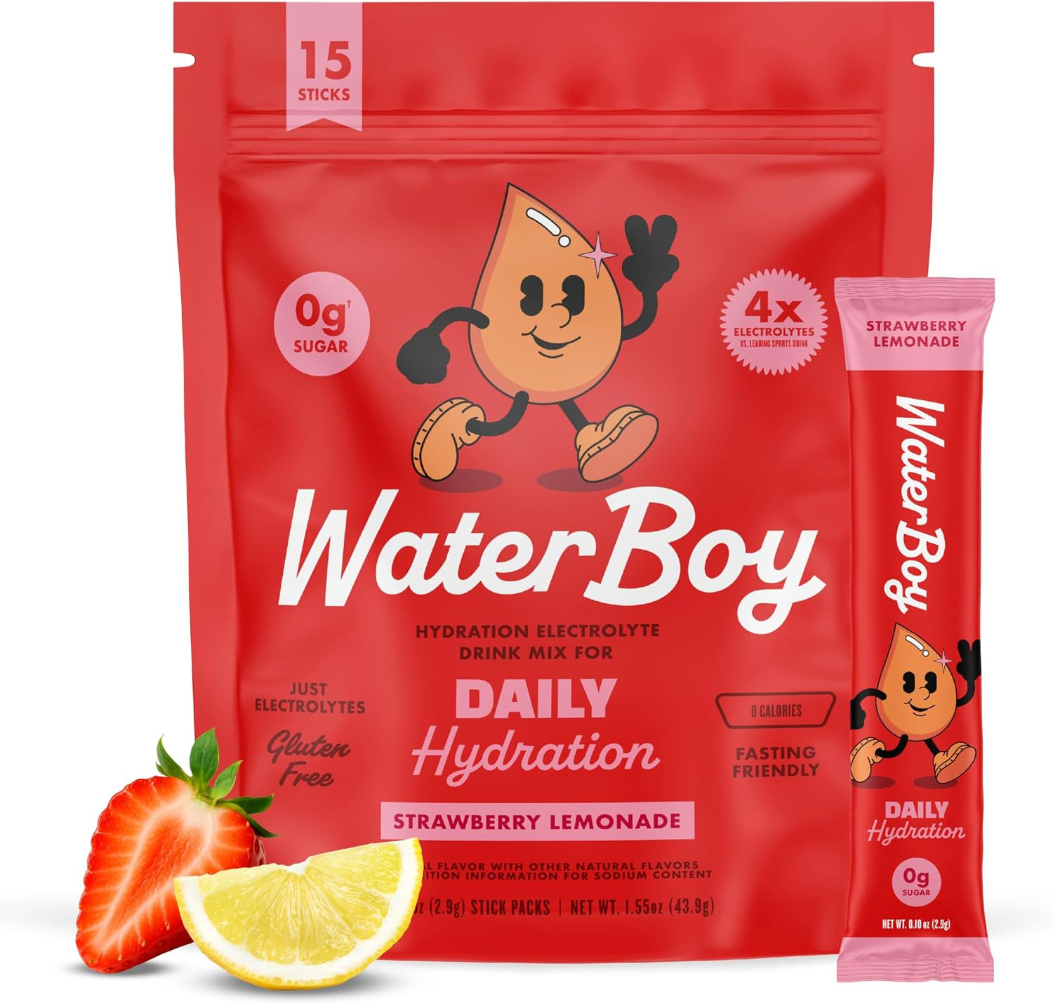 Waterboy Daily Hydration | 1,570mg Electrolyte Powder Packets | No Sugar, All Natural, Gluten Free, Zero Calories | 15 Drink Stick Mixes (Strawberry Lemonade) | Amazon (US)