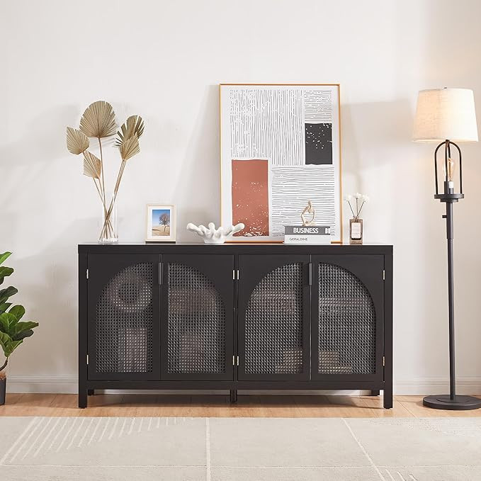 Rattan Buffet Sideboard with Storage, Wooden Black Buffet Cabinet, Modern Freestanding Cane Cabin... | Amazon (US)