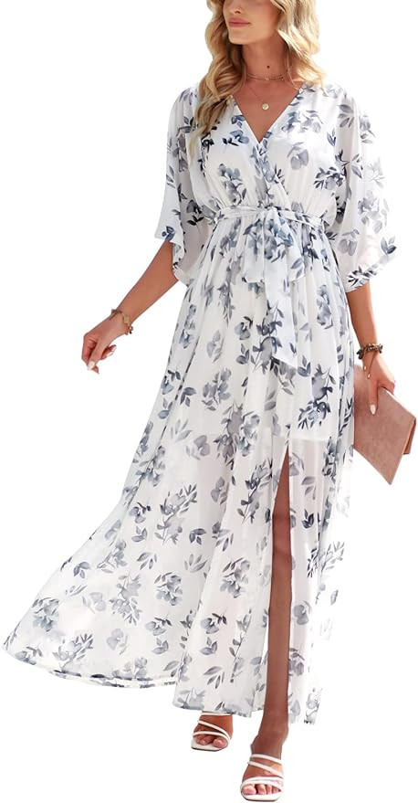 ANRABESS Women’s Summer Loose Kimono Maxi Dress Wrap V Neck 3/4 Sleeve Floral Print Slit Long D... | Amazon (US)