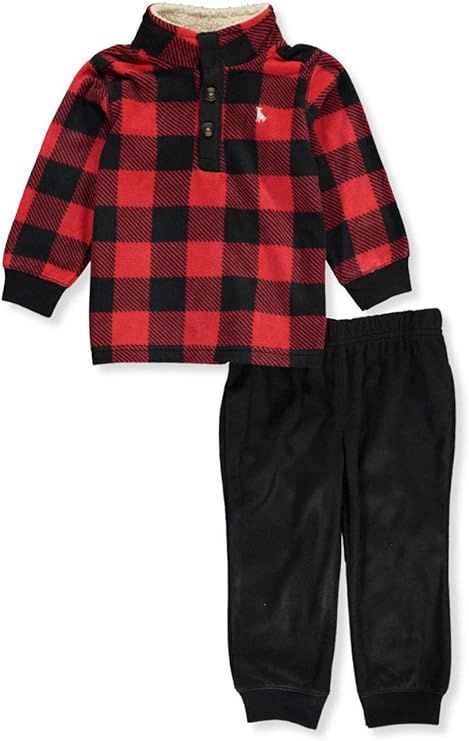 Carter's Baby Boys' Henley Plaid Fleece 2-Piece Pants Set Outfit - red/Black | Amazon (US)