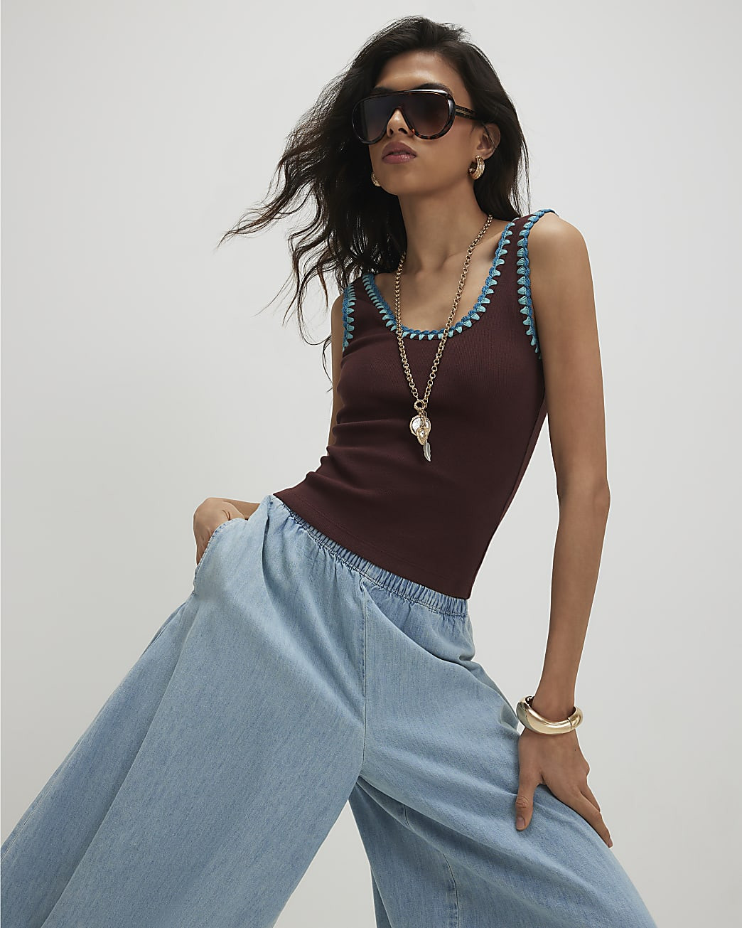 Brown Cotton Sleeveless Whipstitch Tank Top | River Island UK & IE