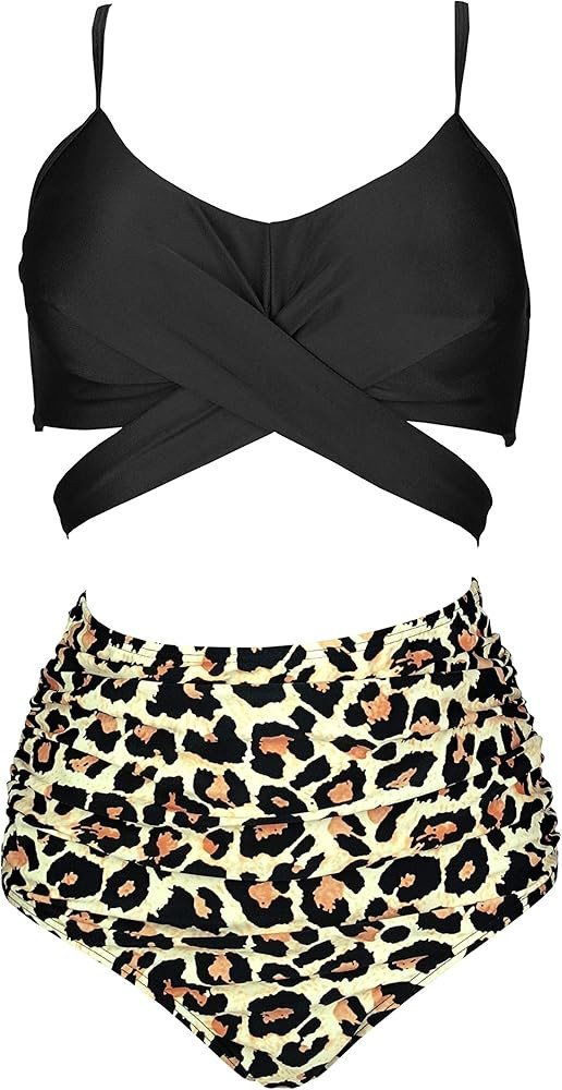 COCOSHIP Women's Ruching High Waist Bikini Set Cross Wrap Push Up Top Tie Back Bathing Swimsuit(F... | Amazon (US)