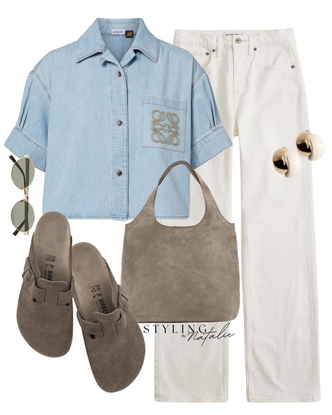 Loewe Paula’s Ibiza denim logo cropped shirt, relaxed fit cream jeans, suede tote bag & Birkenston Boston clogs, sunglasses & pearl/gold earrings. Spring summer style, ootd, casual smart everyday style, London fashion Abercrombie #loewe 

#LTKspring #LTKsummer #LTKuk