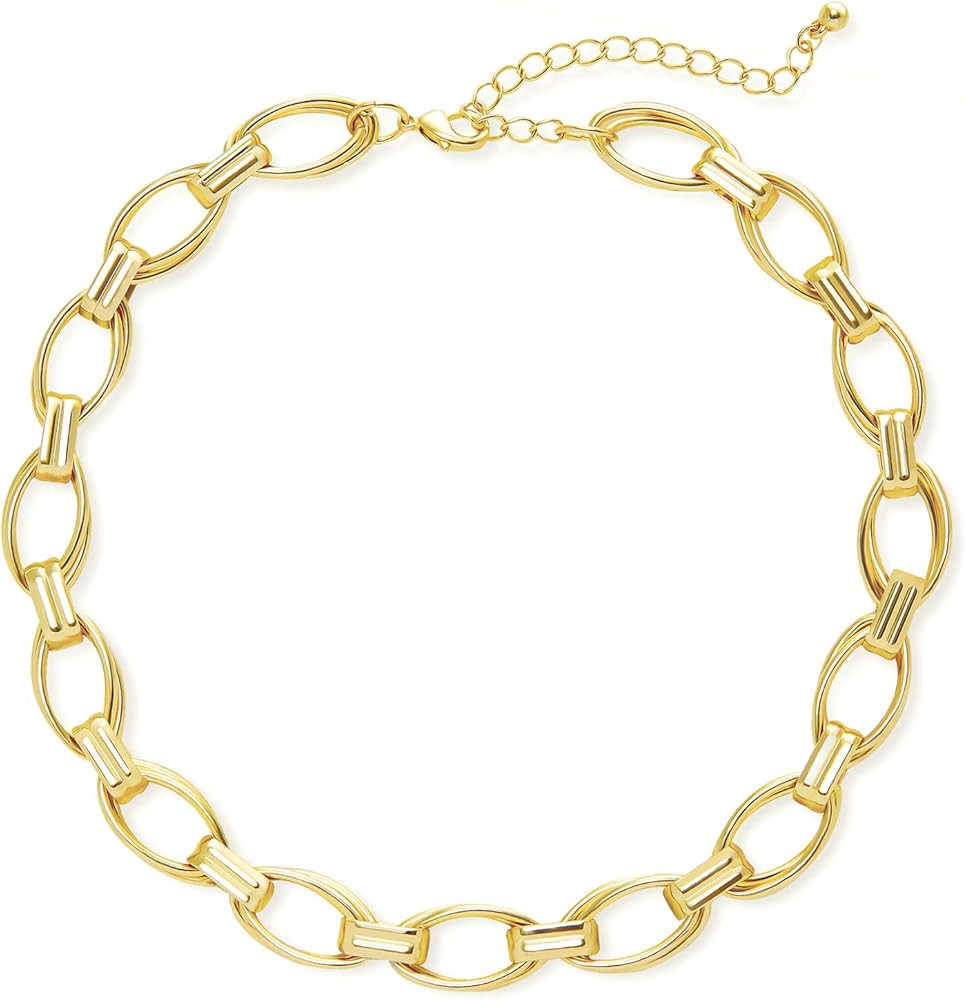 LANE WOODS Gold Plated Women Necklace Chain: Double Cricle Long Simple Chunky Dainty Hypoallergenic  | Amazon (US)