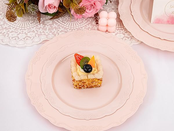 U-QE 100PCS Mauve Pink Plastic Plates - Plastic Party Plates Disposable Heavy Duty - Pink Disposa... | Amazon (US)