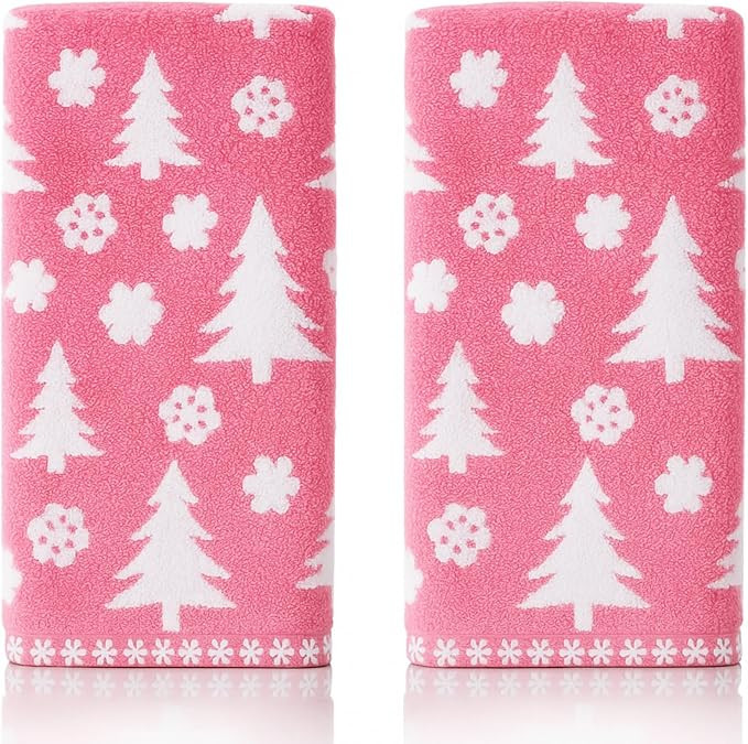 Peryiter 2 Pcs Christmas Hand Towels Pink Christmas Tree Towels for Bathroom 100% Cotton Highly A... | Amazon (US)