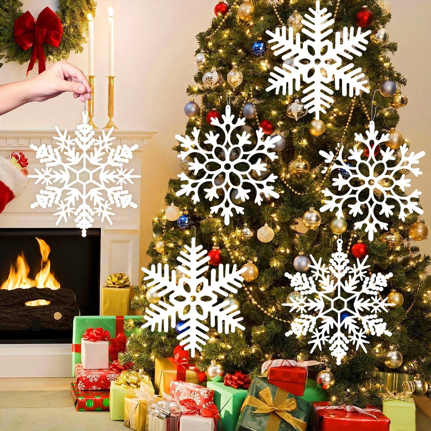 Ayieyill 6pcs Large White Snowflakes Decorations, 12” Big Plastic Glitter Snowflake for Winter ... | Walmart (US)
