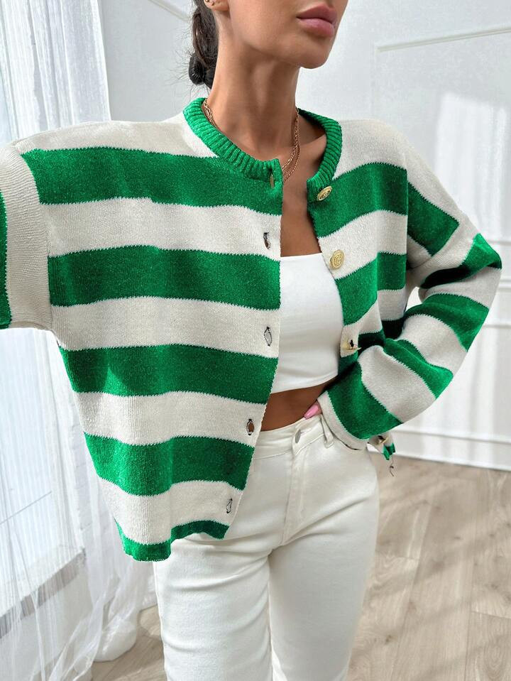 SHEIN Dames streeppatroon ronde hals voorknoop vest | SHEIN