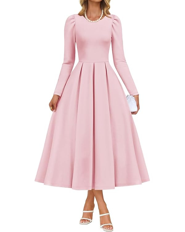 ZESICA Women's Long Sleeve Midi Dresses 2025 Fall Elegant Crewneck Swing A Line Wedding Guest Par... | Amazon (US)