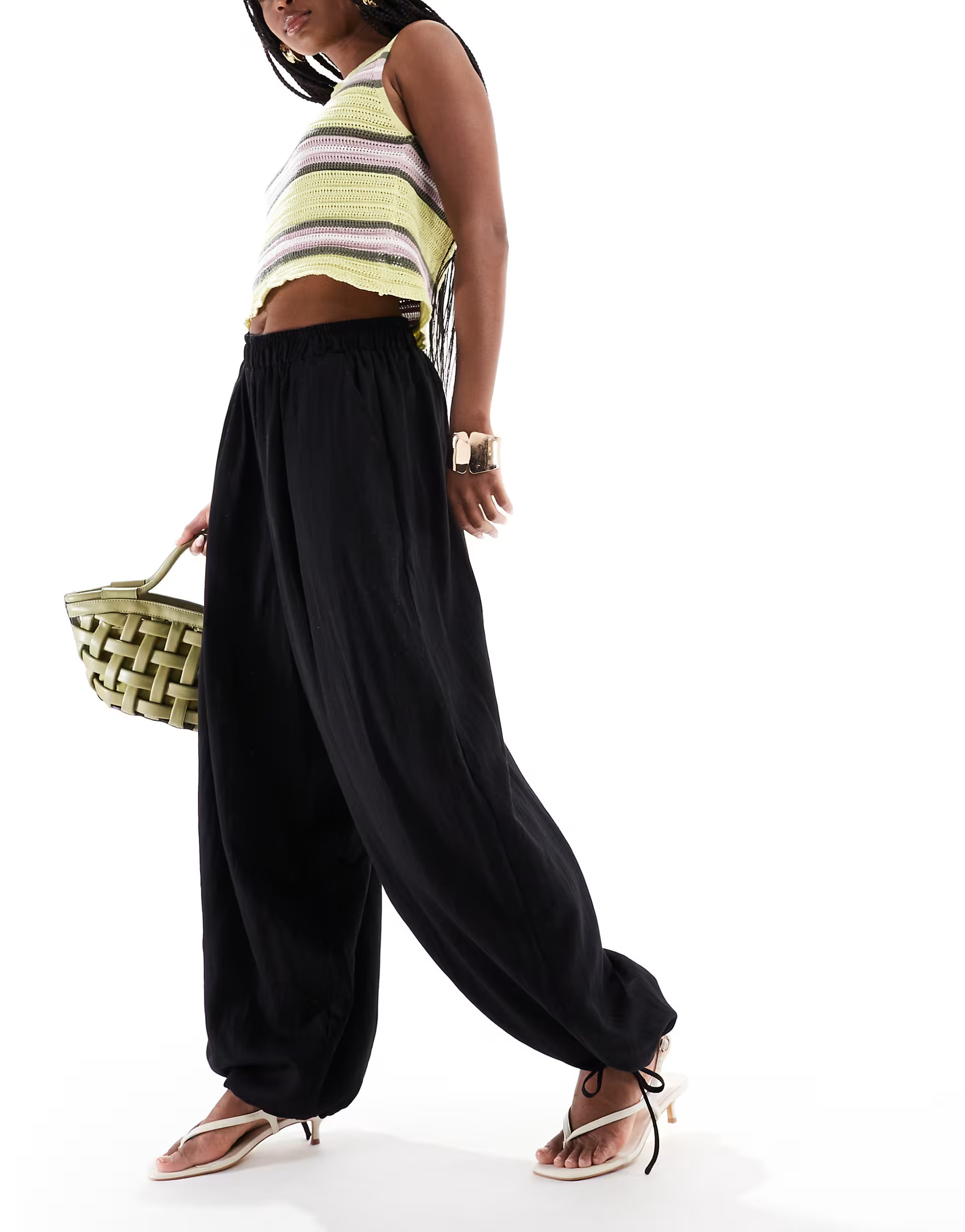 ASOS DESIGN soft textured oversized billow pants with tie hem in black | ASOS (Global)