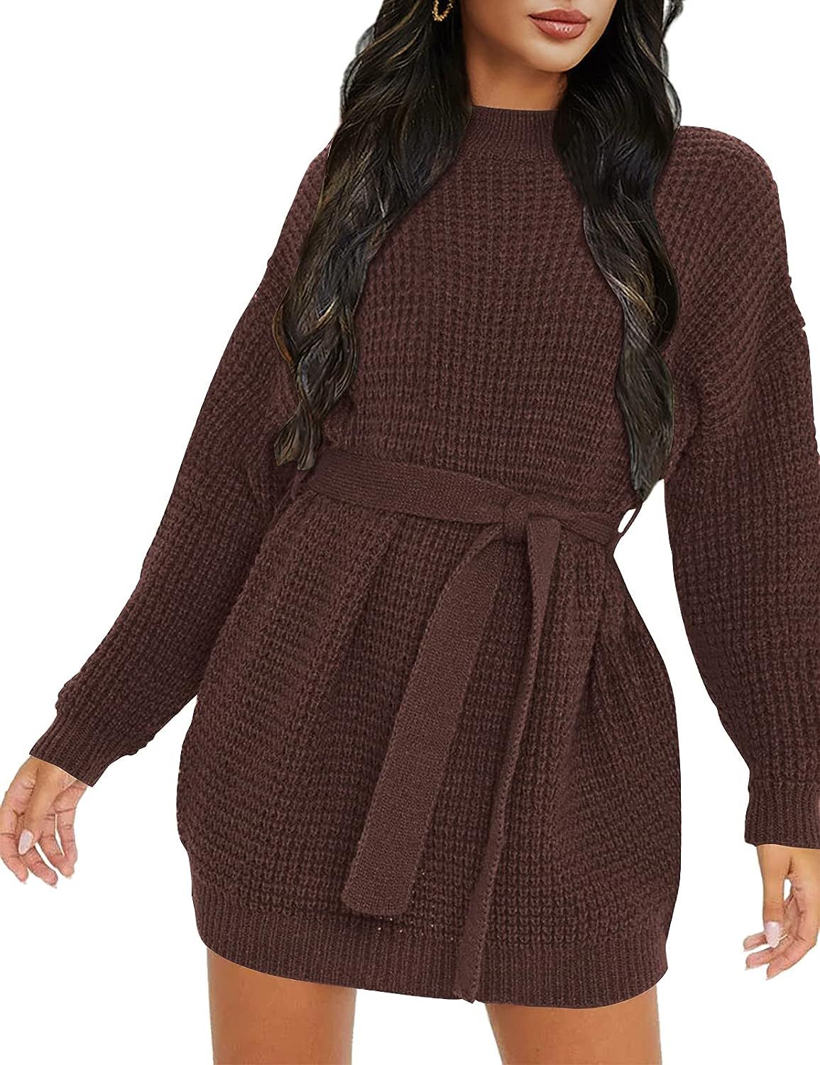 ZESICA Women's Long Sleeve Solid Color Waffle Knitted Tie Waist Tunic Pullover Sweater Dress | Amazon (US)