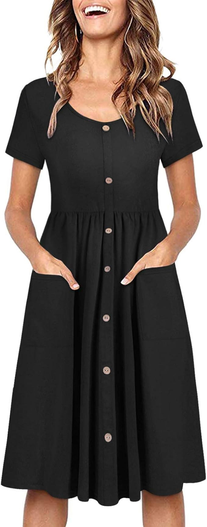 OUGES Women's V Neck Button Down Skater Dress with Pockets | Amazon (US)