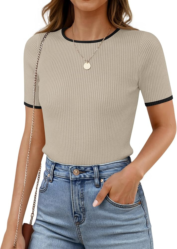 ZESICA Women's Summer Short Sleeve Ribbed Knit Slim Fit T Shirt 2026 Crewneck Basic Casual Color ... | Amazon (US)