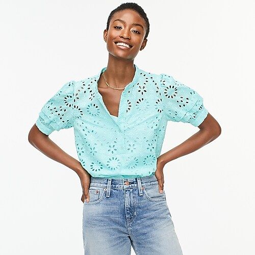 Puff-sleeve popover top in eyelet | J.Crew US