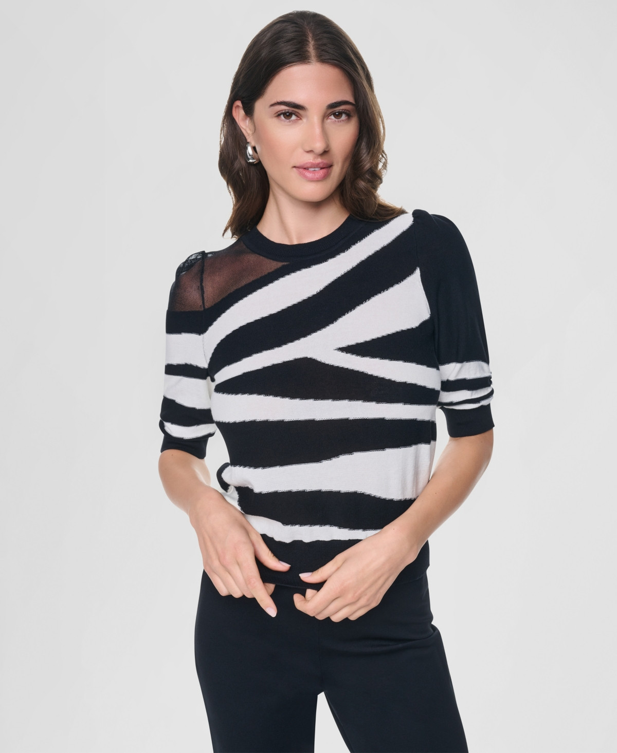 Dkny Women's Zebra-Print 3/4-Sleeve Sweater - Black/ivory | Macy's