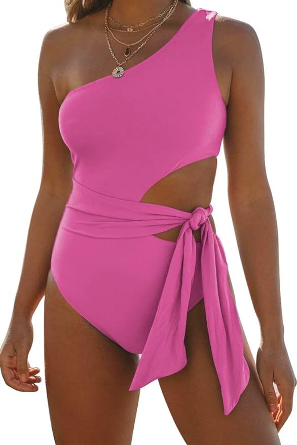 LILLUSORY Women One Piece Swimsuits Sexy One Shoulder Monokinis Tummy Control Tie Sid... | Amazon (US)