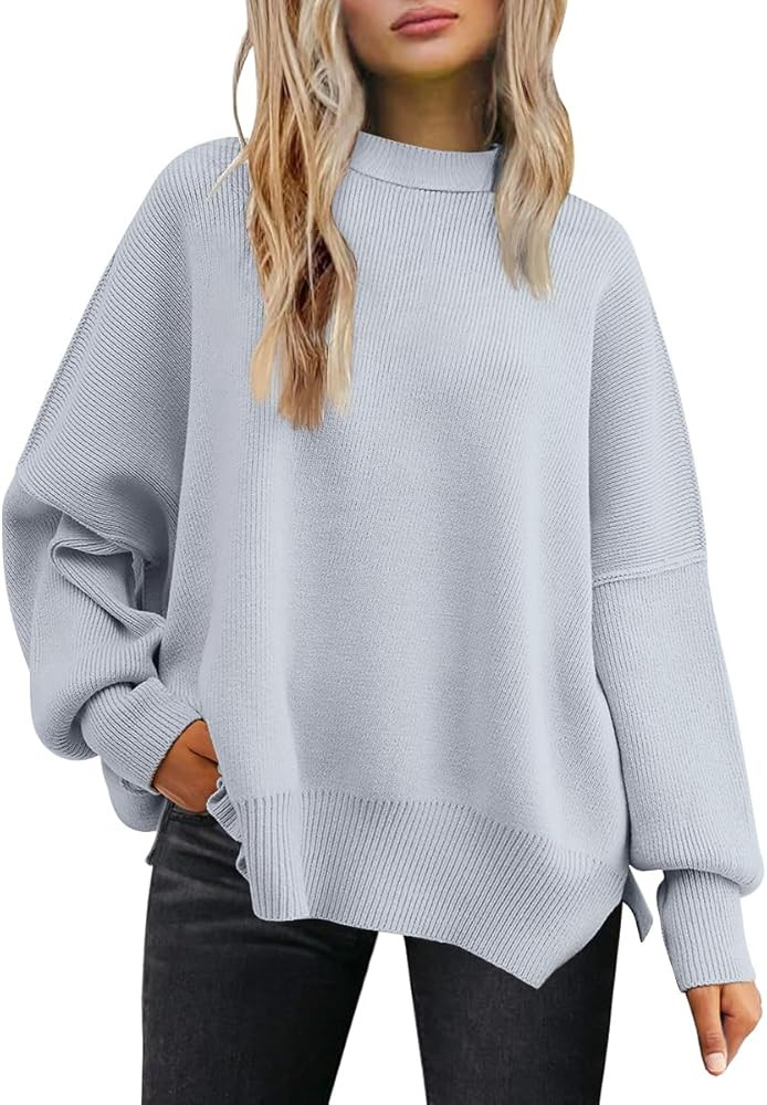 LILLUSORY Women's Oversized Batwing Sweaters 2024 Fall Outfits Crewneck Ribbed Knit Side Slit Tre... | Amazon (US)