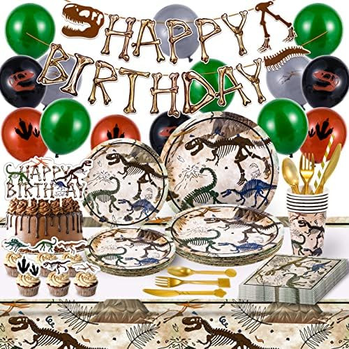 Golray 170Pcs Fossil Dinosaur Party Supplies Dinosaur Birthday Decoration with Dino Tablecloth Di... | Amazon (US)