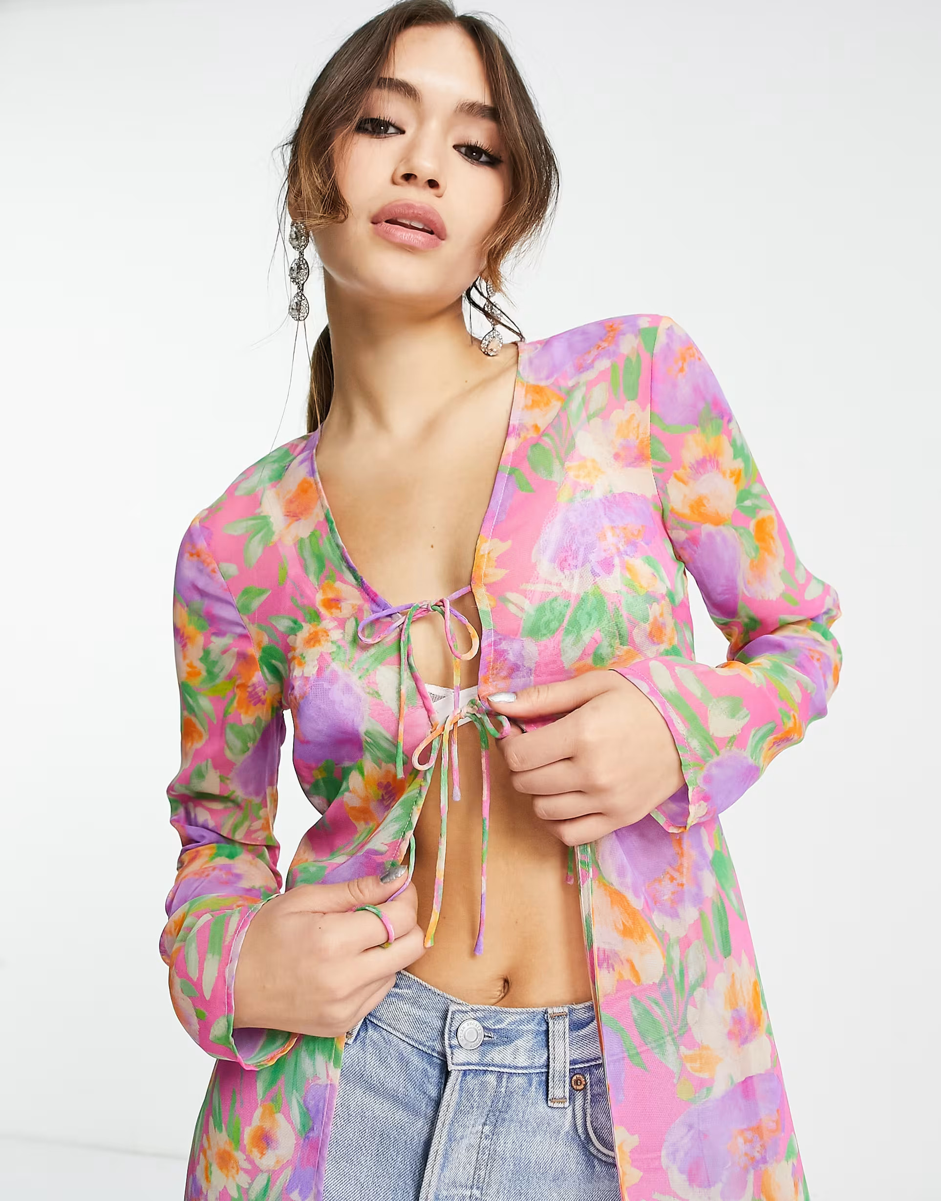 ASOS DESIGN long sleeve sheer tie front maxi kimono in pink & bright print | ASOS (Global)