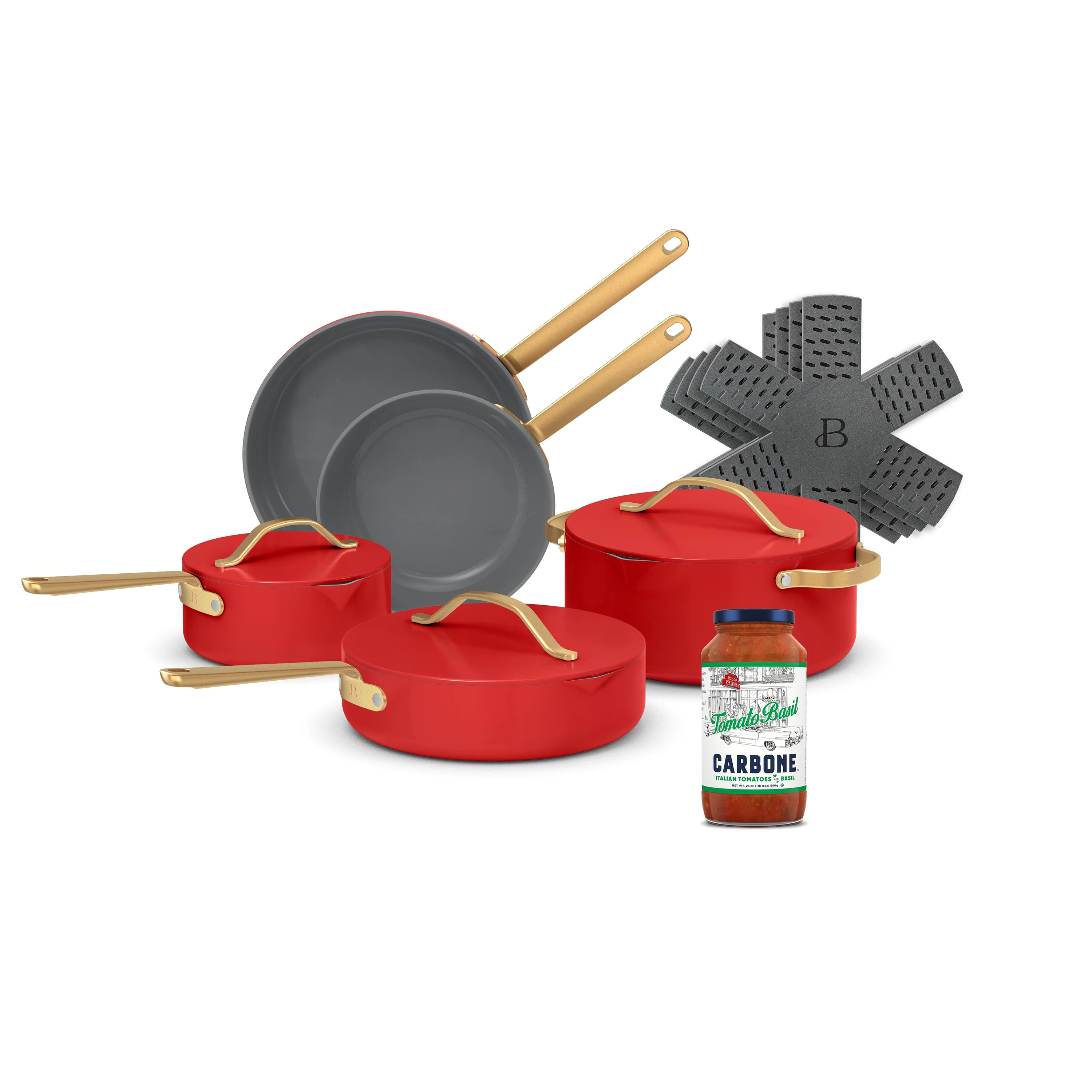 Beautiful 12-Piece Cookware Set with Carbone Tomato Basil Sauce, Tomato Red | Walmart (US)