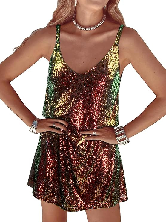 Women Sequin Sexy V Neck Shift Dress Sparkly Glitter Sleeveless Short Flowy Loose Party Night Out... | Amazon (US)
