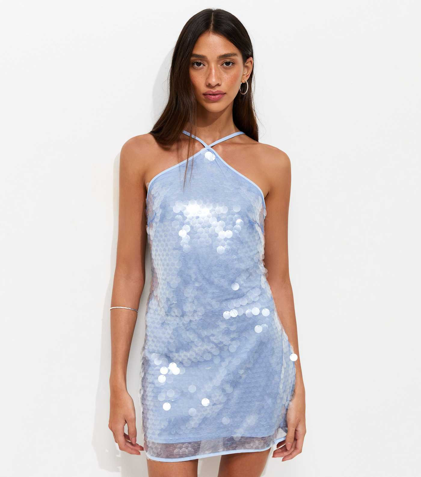 Blue Sequinned Halter Neck Mini Dress | New Look | New Look (UK)