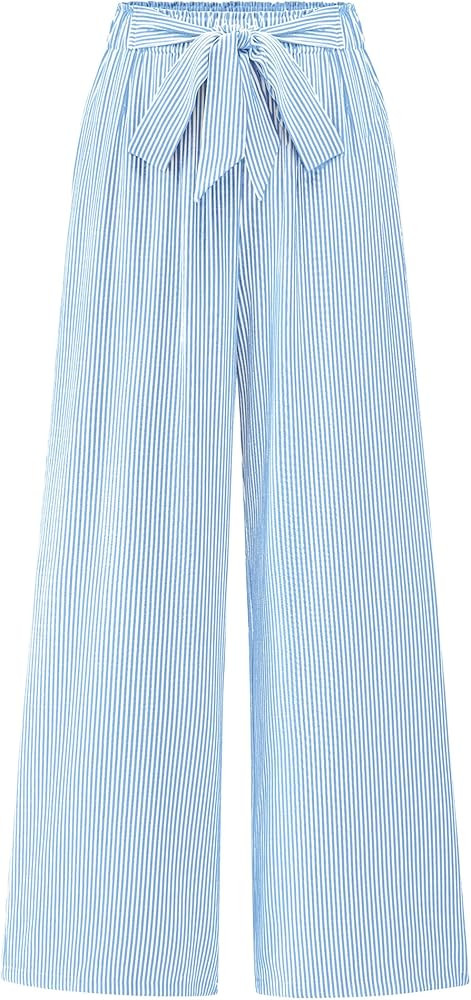 BTFBM Pants for Women 2026 Spring Clothes Striped High Waist Tie Knot Dressy Casual Wide Leg Pala... | Amazon (US)
