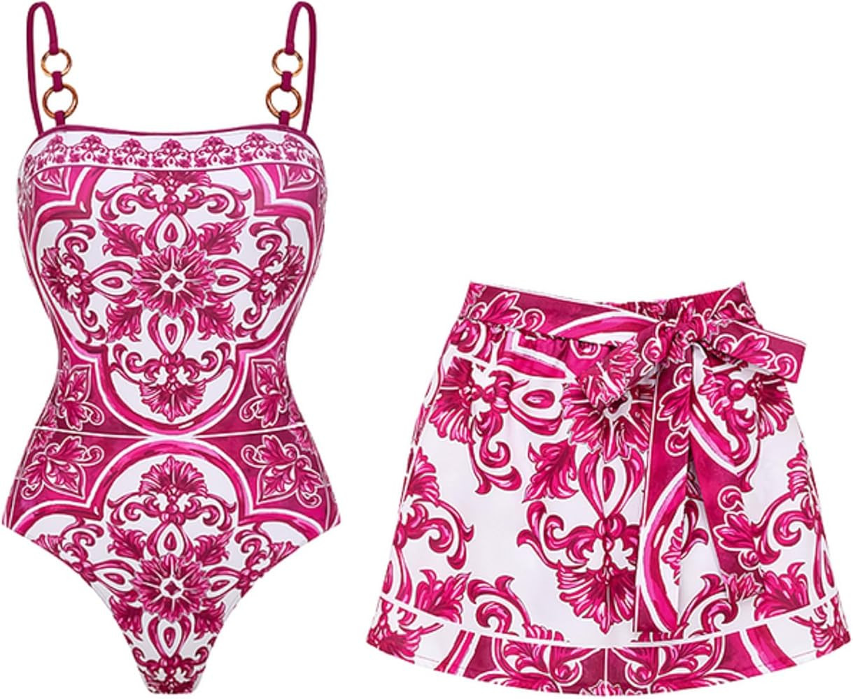 FLAXMAKER Women's One Piece Sling Classic Majolica Adjustable Bathing Suits Back Lace up Swimsuit... | Amazon (US)