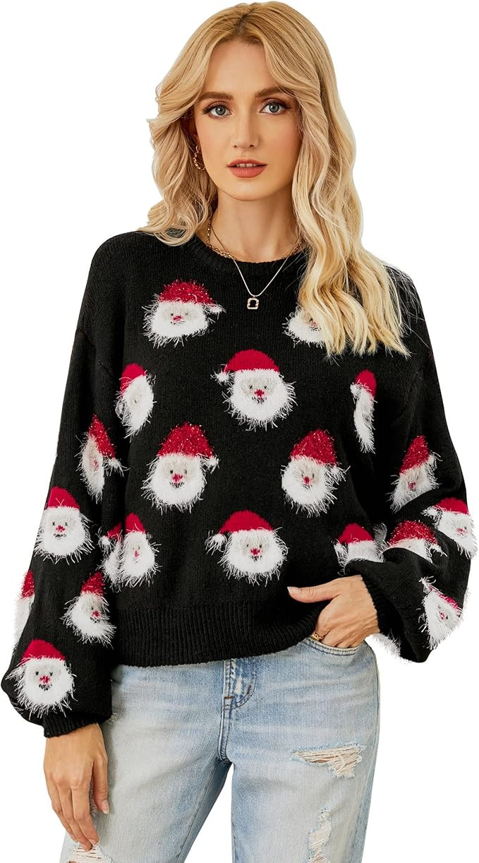 Lesmart Womens Ugly Christmas Sweater Funny Santa Funny Xmas Holiday Party Knitted Pullover | Amazon (US)