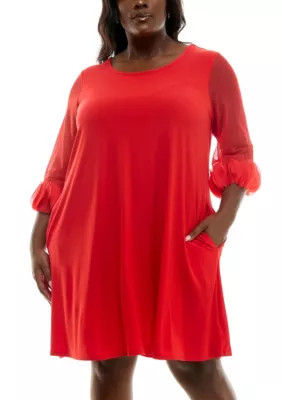 Nina Leonard Women's Trapeze pocket dress with ruffle sleeve, Red, 3X | Belk
