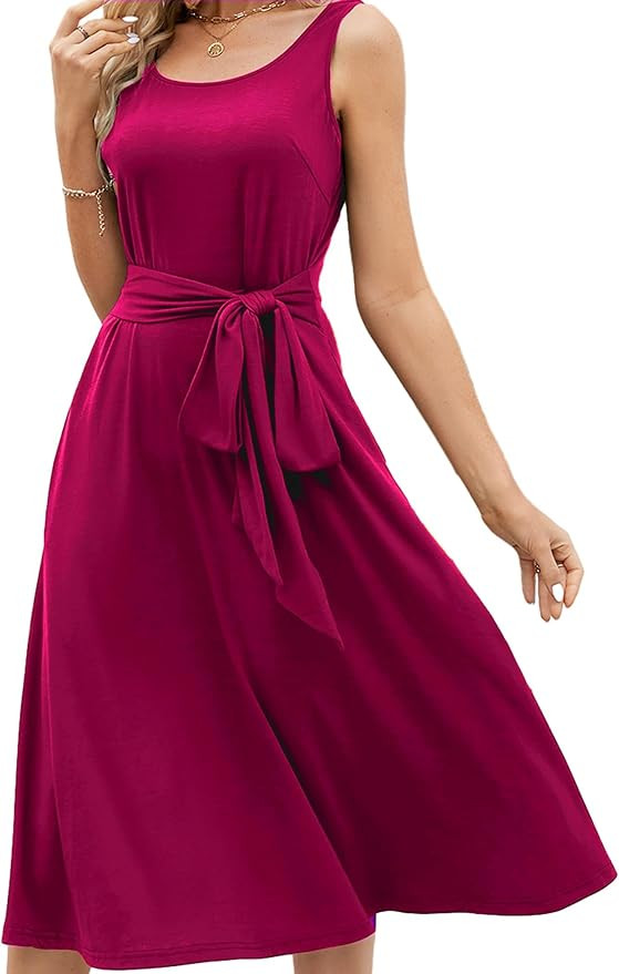Women's Elegant Round Neck Sleeveless Casual Midi A-Line Swing Dress with Pockets | Amazon (US)