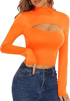 Women's Stretch Cutout Tee Long Sleeve Turtleneck Crop Top T Shirts | Amazon (US)