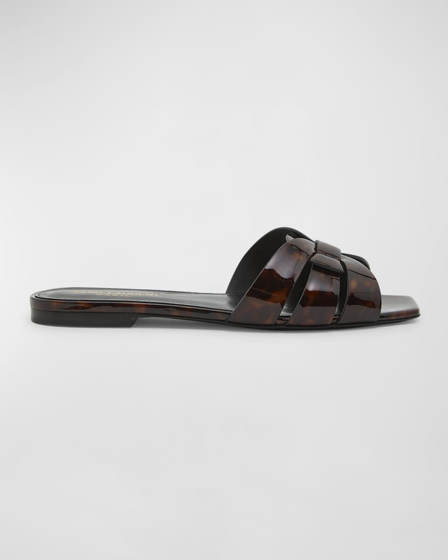 Saint Laurent Tribute Tortoise Shell Flat Slide Sandals | Neiman Marcus