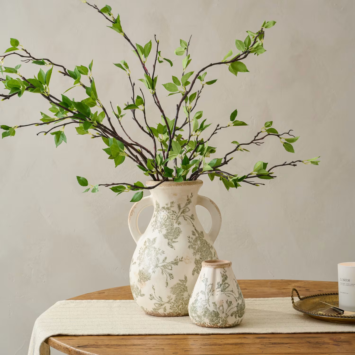 Green and White Distressed Vase with Handle | Magnolia