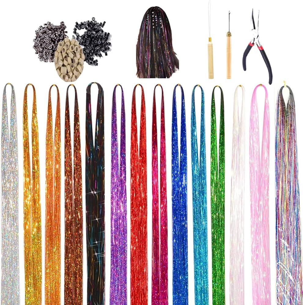 Hair Tinsel Kit, 16Color 47 Inches Glitter Heat Resistant Tinsel Hair Extensions Tensile with Hai... | Amazon (US)