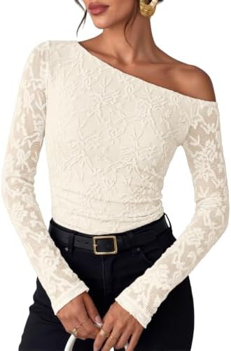 ZESICA Women's Off Shoulder Long Sleeve Going Out Tops | Floral Lace Shirt, Ruched Waist, Fitted ... | Amazon (US)