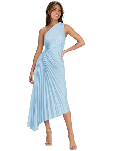 Seballa One Shoulder Satin Wedding Guest Dress Midi Corset Pleated Spring Bridesmaid Dresses Tea Length Formal Evening Party Gown Sky Blue US10 | Amazon (US)