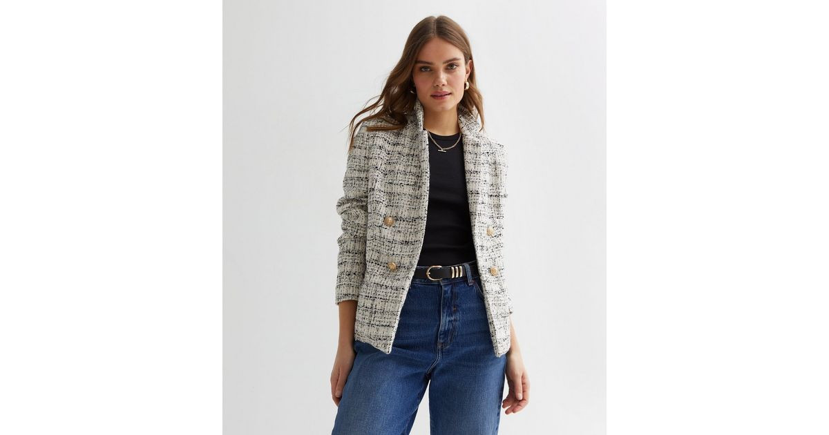 Off White Check Bouclé Button Front Utility Jacket
						
						Add to Saved Items
						Remove ... | New Look (UK)