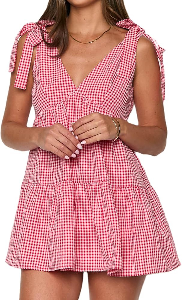 Women Y2k Gingham Smocked Mini Romper Dress V Neck Plaid Ruffle Jumpsuit with Pockets Summer Baby... | Amazon (US)