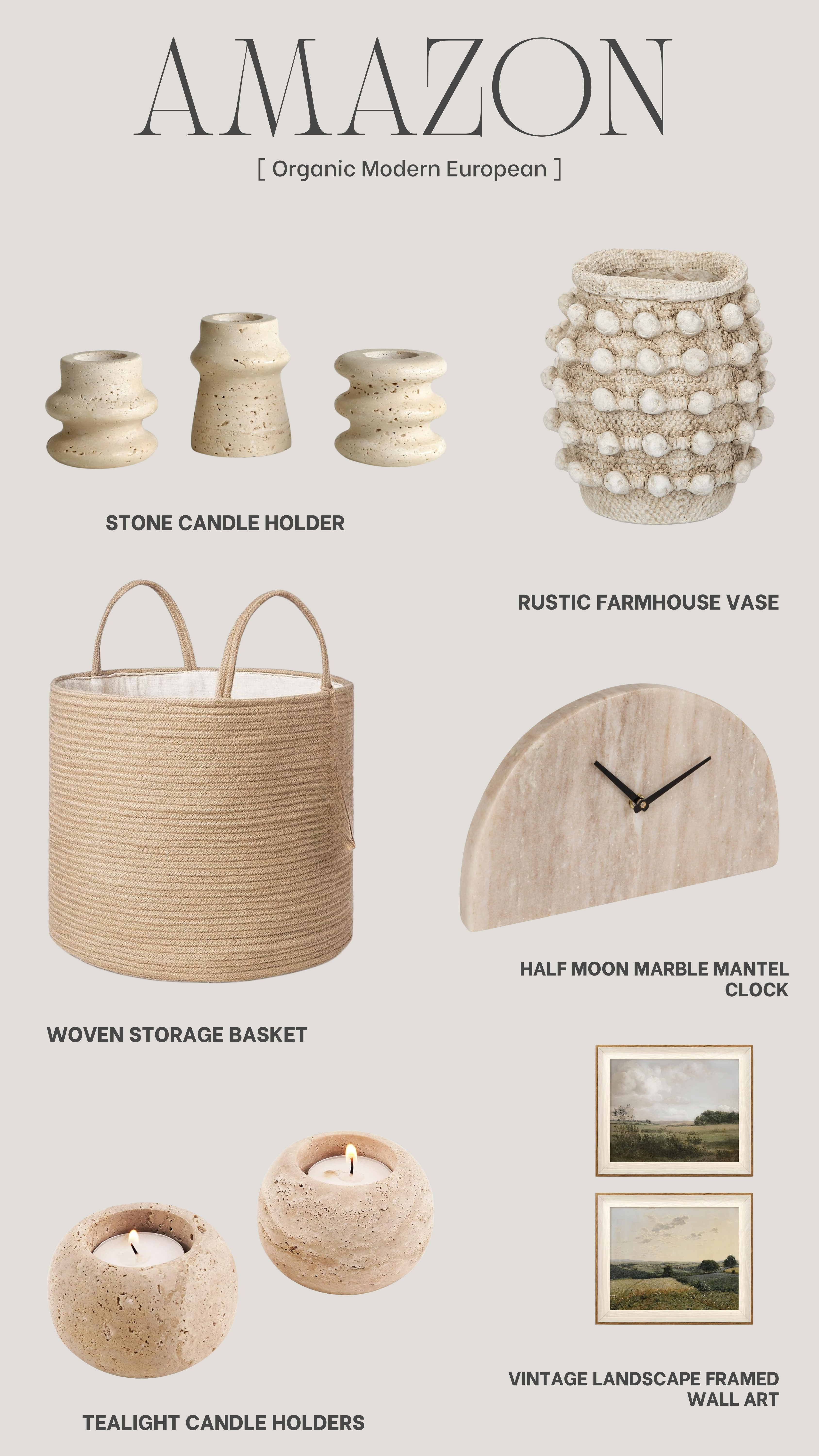 Add a touch of rustic charm to your space with these stylish home decor items 

• Tealight Candle Holders 
• Stone Candle Holders 
• Rustic Farmhouse Vase 
• Woven Storage Basket 
• Half Moon Marble Mantel Clock 
• Vintage Landscape Framed Wall Art  

 #LTKHome #LTKBeauty