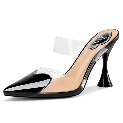 HOCHFART Women’s Clear Heels Closed Pointed Toe Flare Heels Transparent Strap Slip On Mules Pumps Wedding Dress Work Heel Sandals Black | Amazon (US)