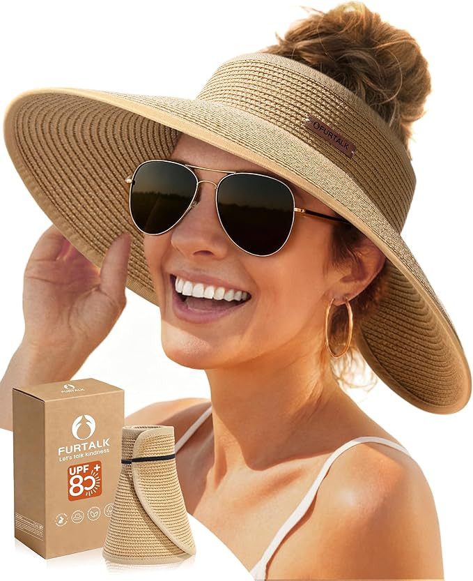 FURTALK Sun Hats for Women Wide Brim Beach Hat Straw Visor Ponytail Summer UV Packable Foldable B... | Amazon (US)