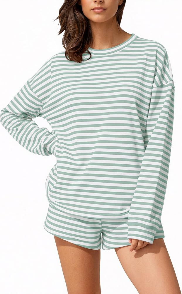 Ziesexy Womens Striped Lounge Set Loose 2 Piece Long Sleeve Crewneck T Shirt Drawstring Elastic Waist Shorts Pajama Sets | Amazon (US)