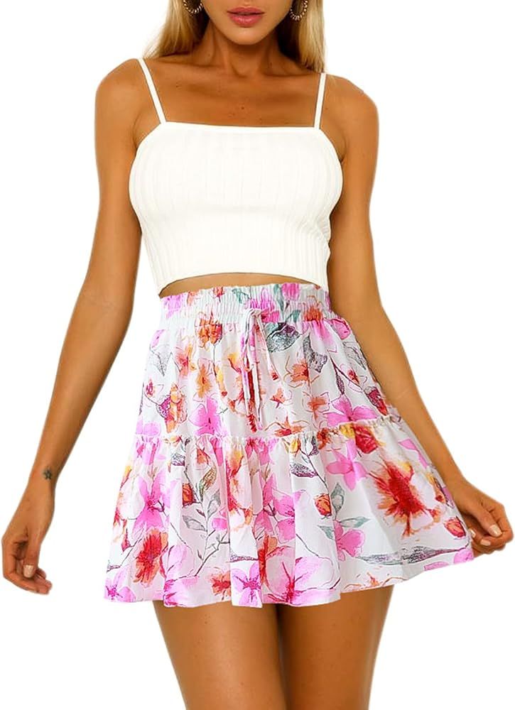 Hibluco Women' Floral Layered Ruffles Tie up High Waist Short Pleated Skirt | Amazon (US)