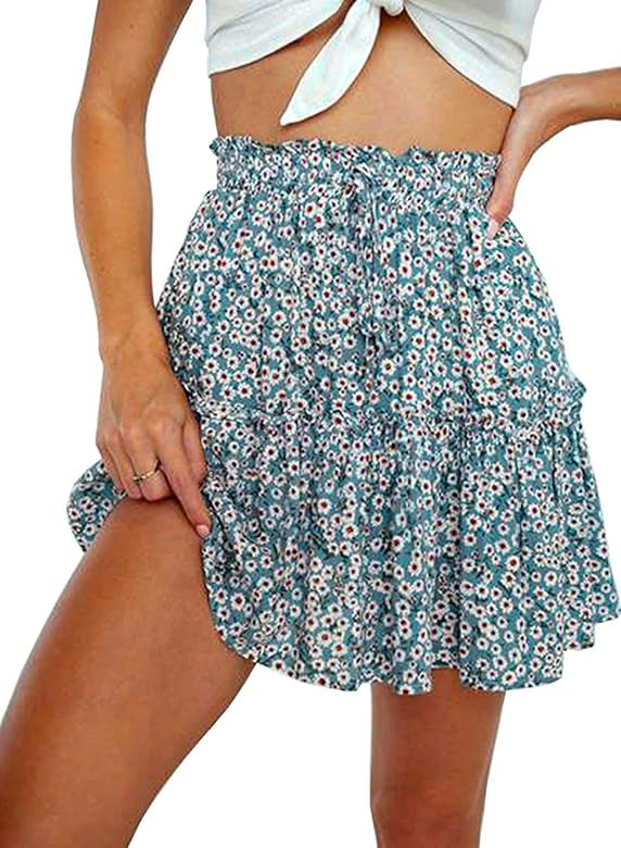 Arjungo Women's Floral Print High Waist with Drawstring Ruffle Flared Boho A Line Skater Mini Skirt | Amazon (US)