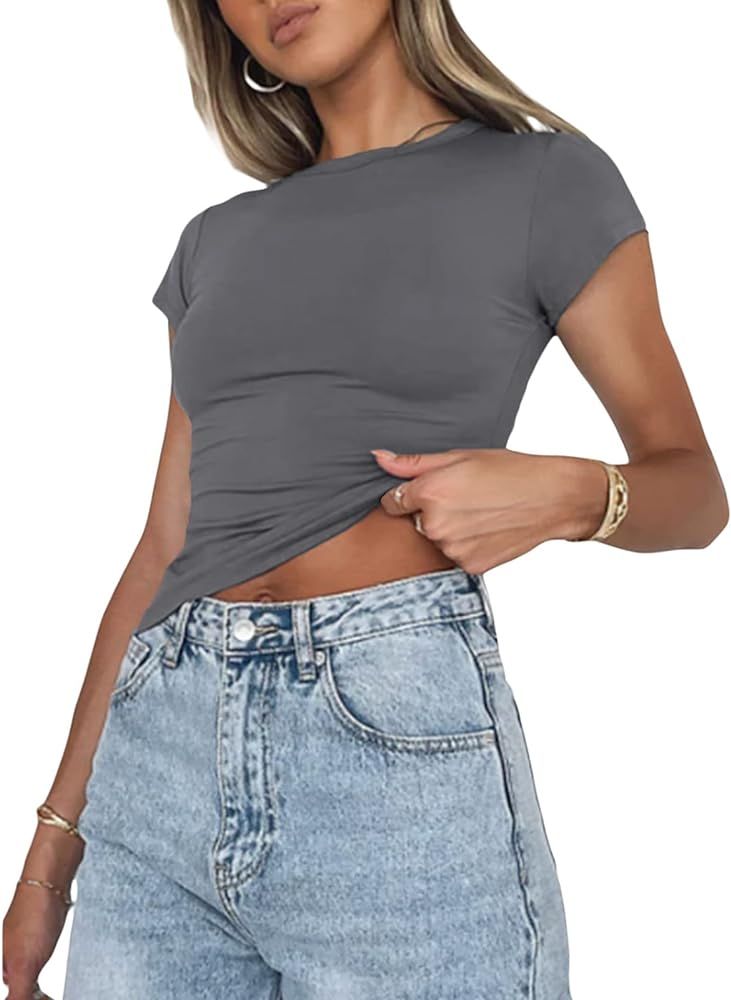 Women's Sexy Short Sleeve Crop Top Casual Slim Fit Crew Neck Tee Basic Skinny Tshirts | Amazon (US)